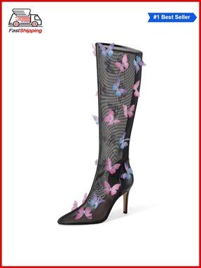 ✨UJPFEO Mesh Butterfly Knee-High Stiletto Heels Pointed Toe Back Zipper Boots